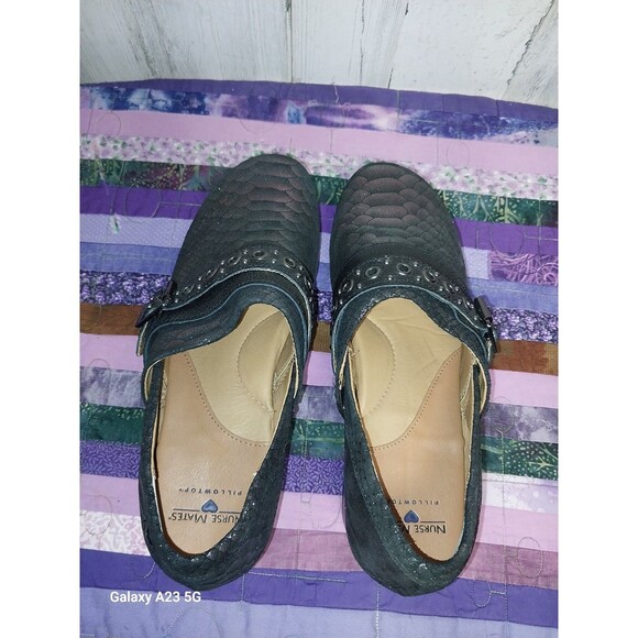 NURSE MATES CHELSEA BLACK LEATHER MERMAID BUCKLE CLOG SHOES SLIP PROOF SZ 11 - Picture 8 of 10